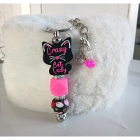 Sleutelhanger met kralen en bedels | crazy cat lady | roze, zwart