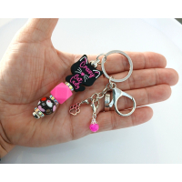 Sleutelhanger met kralen en bedels | crazy cat lady | roze, zwart