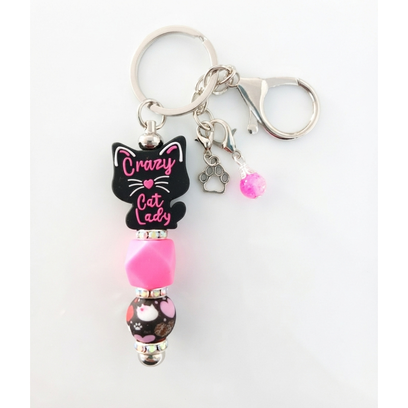 Sleutelhanger met kralen en bedels | crazy cat lady | roze, zwart
