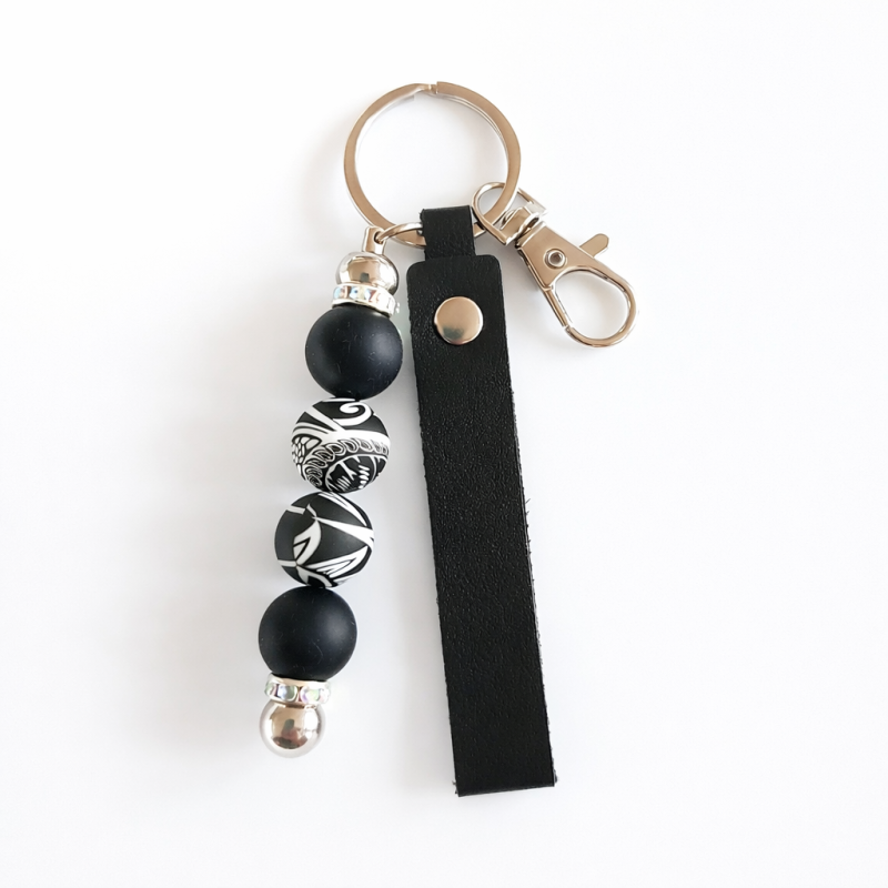 Sleutelhanger met kralen | pu leer | zwart | tribal